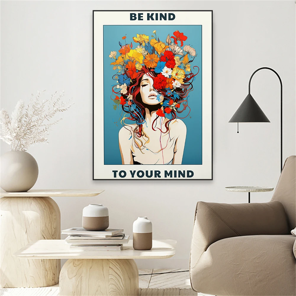 Mental Health Vintage Lady Art Poster Be Kind to Your Mind Quotes Wall Art Print Inspirational Quote Canvas Painting Home Decor