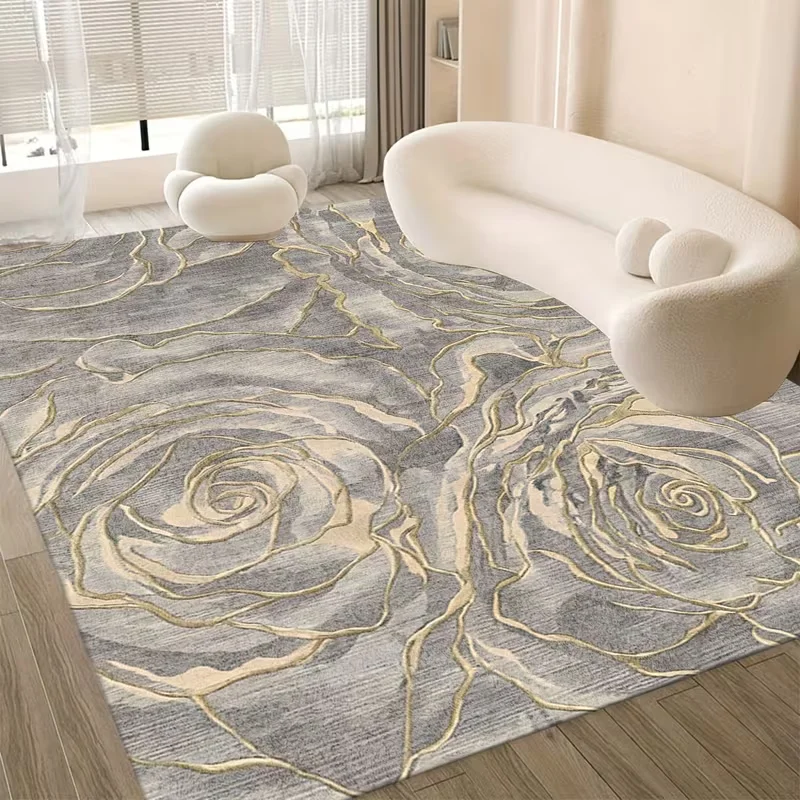 Luxury Grey Gold Rose Abstract Area Rug Elegant Flower Line Print Soft Floor Mat Modern Living Room Bedroom Carpet