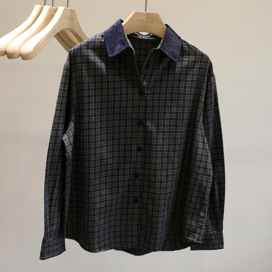 

2025 Early Autumn New Vintage Plaid Loose Women's Casual Versatile irt Coat Classic Cotton Long Sve Collar Button down