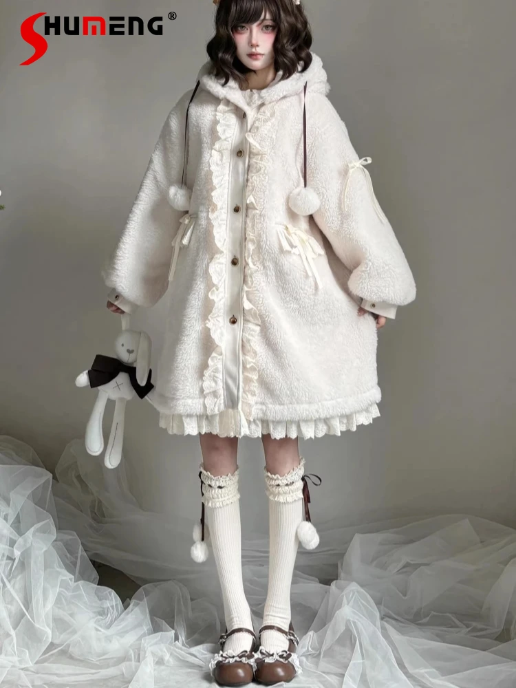 

Japanese Style Sweet Kawaii Winter Plush Long Coat Lace Spliced Single-Breasted Hooded Thick Warm Midi Jackets for Women Winter