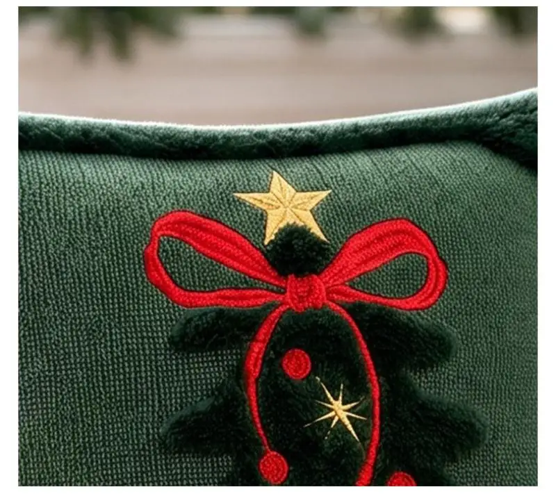 Weihnachts-Kissenbezug Cojines Grün Beige Plüsch Weihnachtsbaum Bestickter Kissenbezug Feiertags-Sofadekoration Kissenbezüge – Detail 9