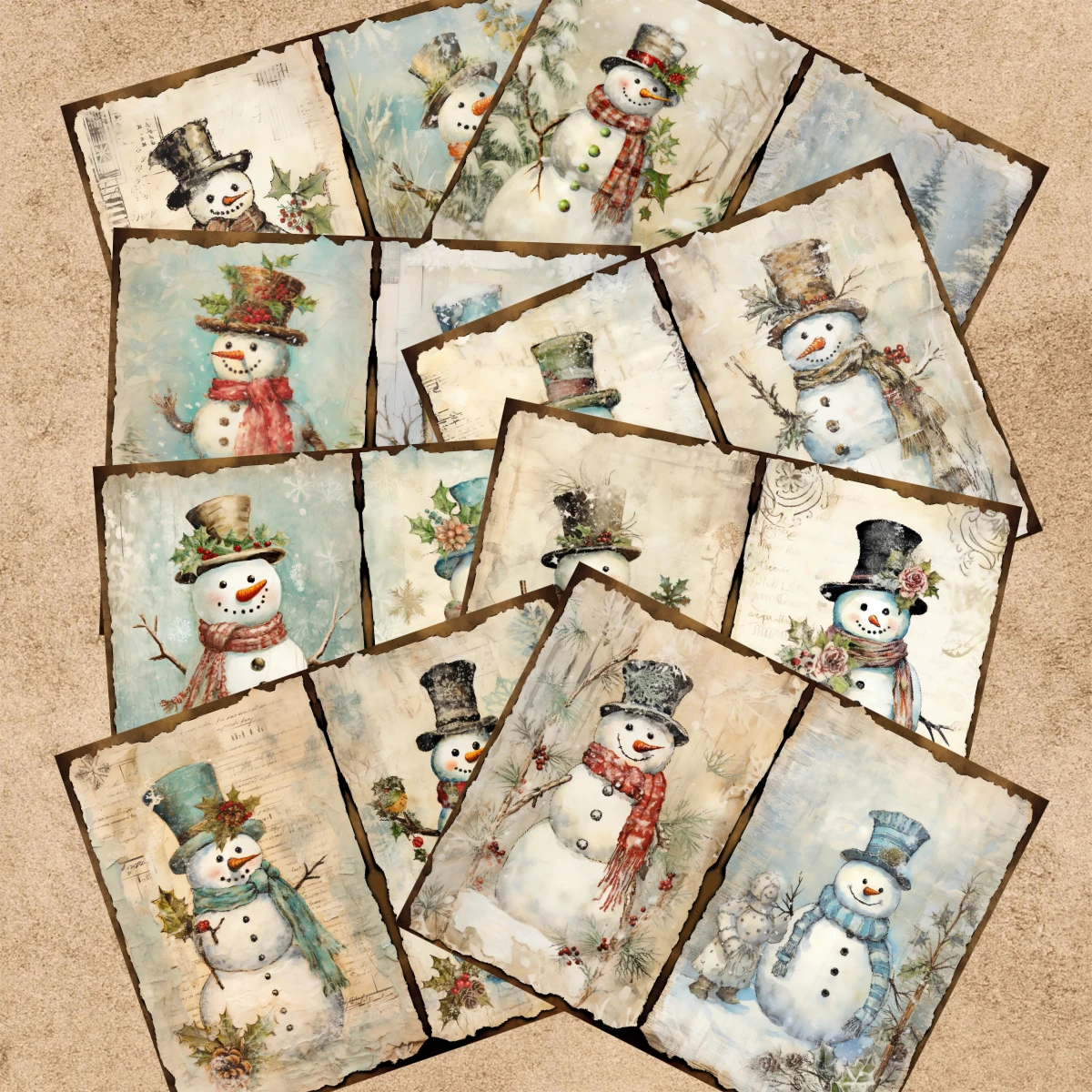 16 แผ่น A5 ขนาดผ้าพันคอสไตล์ที่แตกต่างกัน Snowman การจับคู่คอลเลกชันพื้นหลัง Vintage Grunge Journal Planning Scrapbooking