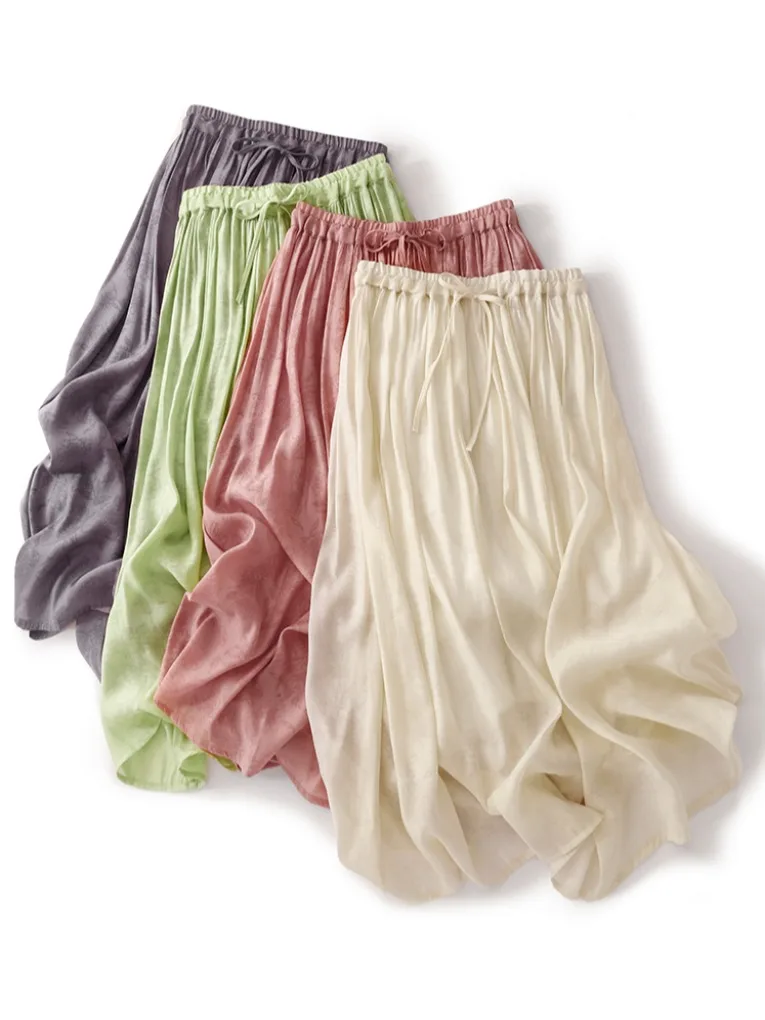 

Летняя тонкая шелковая юбка с цветочной вышивкой, драпированная трапециевидной формы, утягивающая юбка-миди для женщин, одежда для поездок на работу