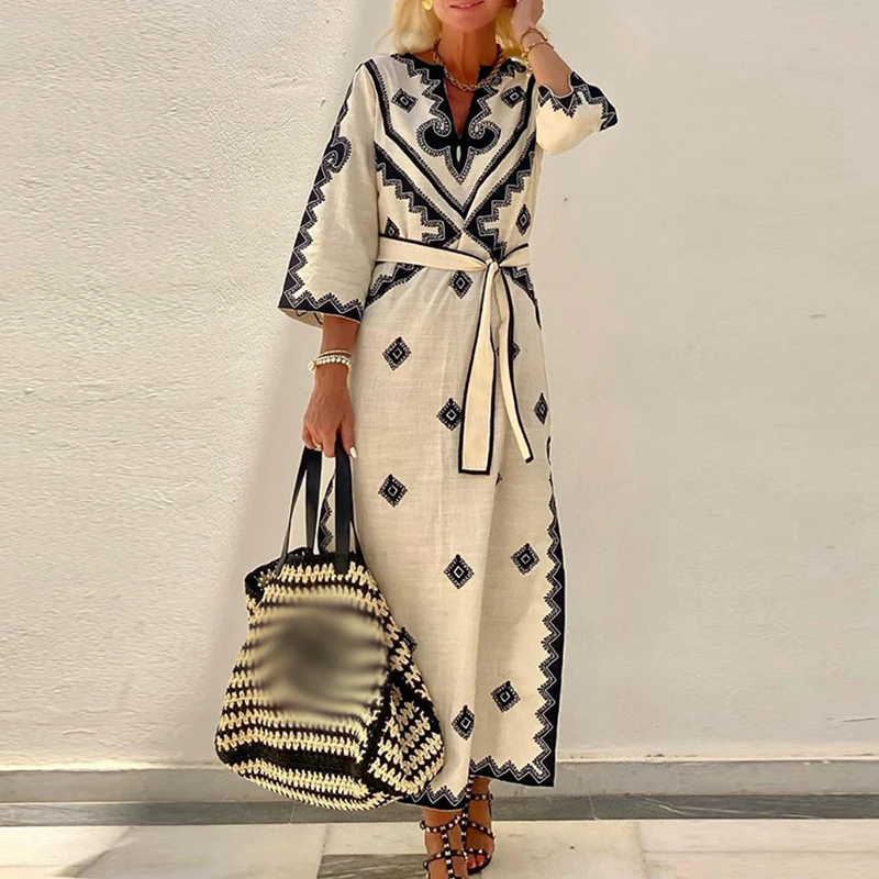 Spring V Neck Lace-up Belted Party Dress Women Retro Printed Side Split Long Dress Autumn Half Sleeve A-Line Office Maxi Dresses