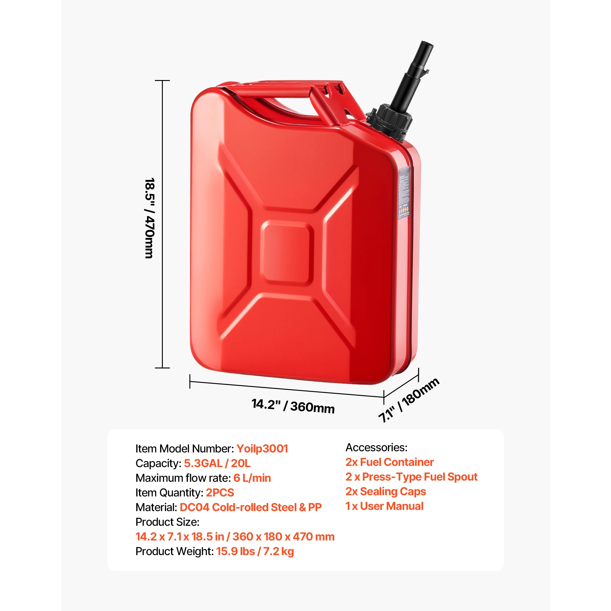 2 Packs Red Metal Fuel Container / Fuel Jerry Can with Spout and Comfort Handle / Leakproof & Corrosion-resistant Metal Gas Tank for Most Cars / Motorcycle /ATV / UTV，5.3 Gallon, 6 L/min Max Flow Rate view 5