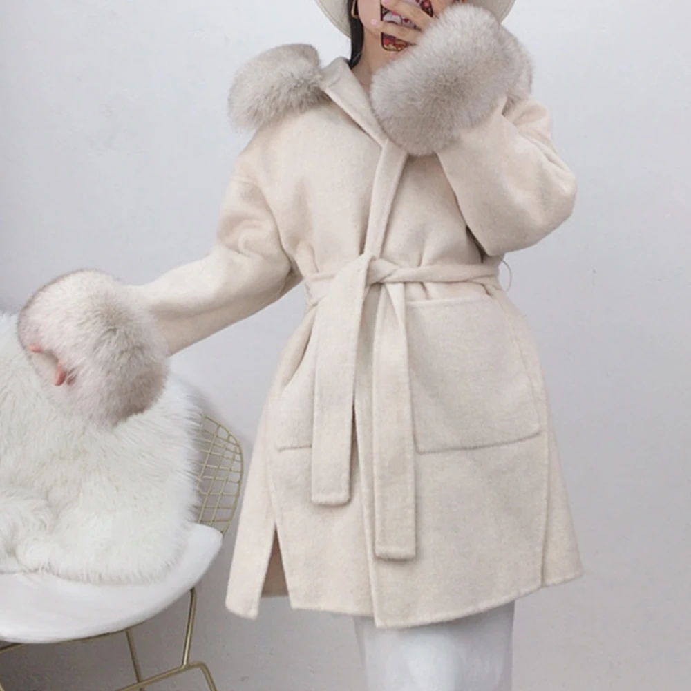 

FURYOUME Women's Winter Jacket Cashmere Wool Blends Real Fur Coat Natural Fox Fur Trim Hooded Streetwear with Belt Outerwear