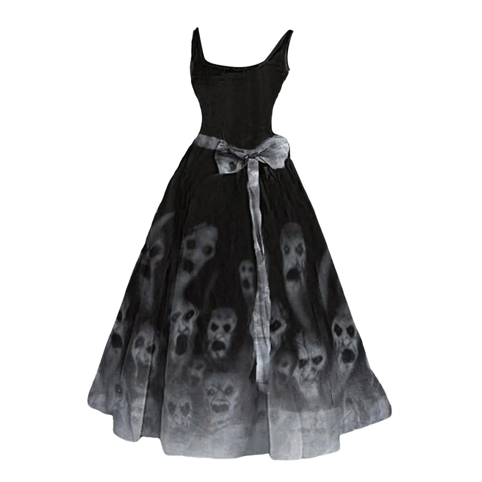 Vestido de festa estampado engraçado com caveira feminina, streetwear feminino com gola O, vestido longo, sem mangas para senhora, cinto fino, vestido fino, Halloween