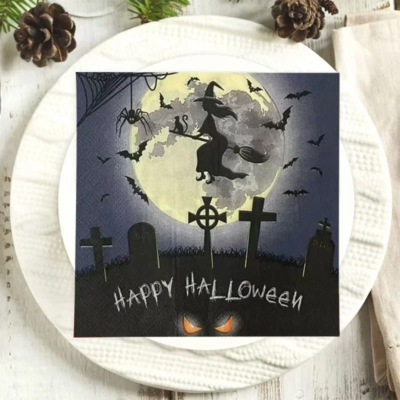 20 piezas/Pac-servilletas de papel decorativas, manteles individuales de 2 capas con temática de la serie de brujas de Halloween, impresión creativa