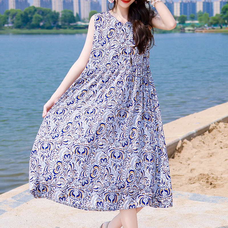 Elegant Sleeveless Dresses For Woman 2024 Casual Loose Vintage Print Long Beach Dress Summer Women\'s Clothing