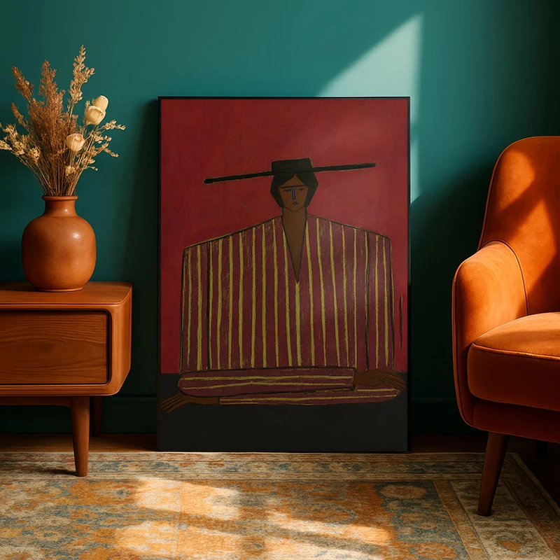 Abstract Minimalist Woman Portrait Canvas Painting Art Seated  Striped Woman  with Hat Poster for Living Room Home Decor