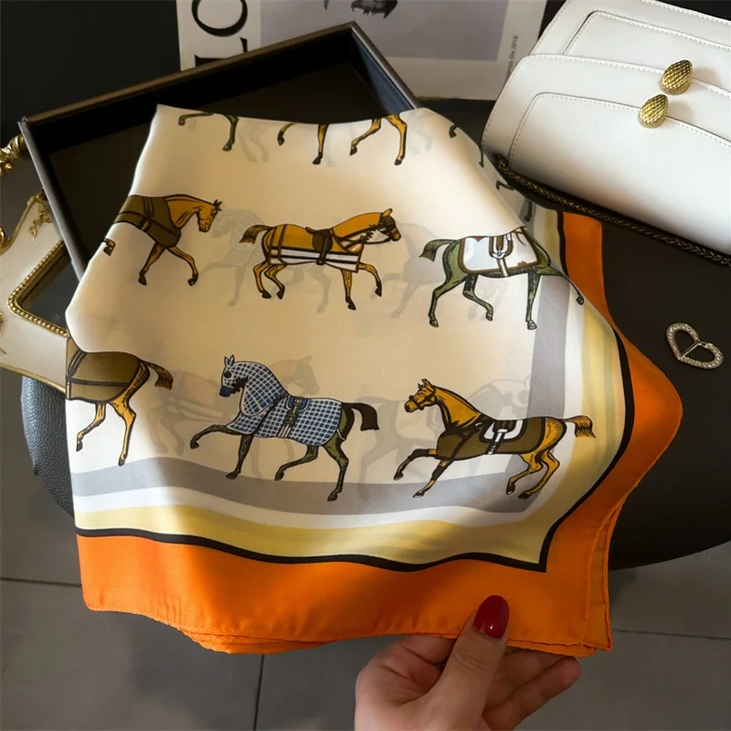 

Luxury Brand 2026 Horse Print Square Silk Scarf for Women Hijab Hair Bands 70cm Neckerchief Female Satin Shawl Ribbon Headband