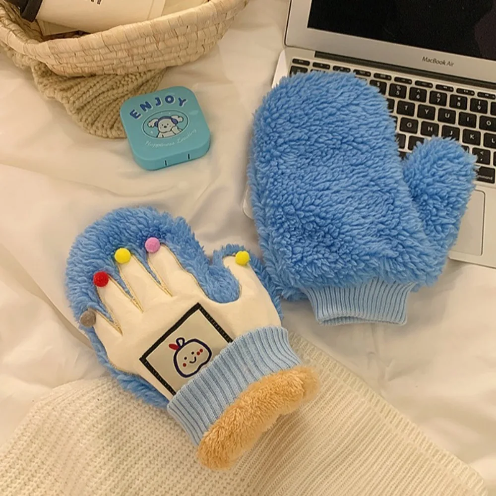 

Furry Cute Colorful Pompoms Gloves Soft Dopamine Plush Mittens Warm Windproof Woolen Gloves Woman