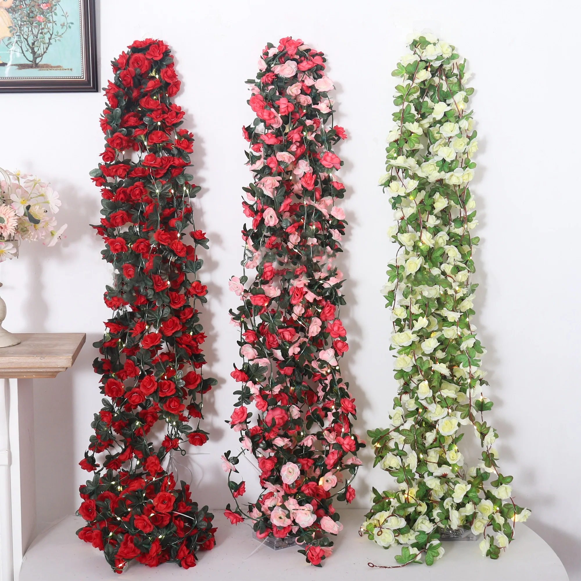 Rose LED Lights String Artificial Flowers Ivy Leaves Wedding Garland Home Room Decoration Arch Hanging Wall Garden Party Decor - view 3