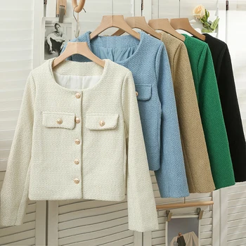여성용 트위드 싱글 브레스트 가디건 코트, 우아한 긴 소매 짧은 재킷, 오넥 단색 상의, 가을 겨울 따뜻한 아우터 