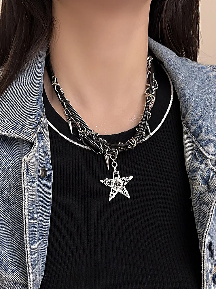 

Punk Sle Star Pattern Leather Nelace Women's Choker Bracelet Fre out Faion Jewelry Lobone Chain Accory