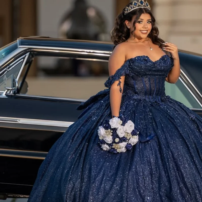 

Shiny dark blue Quinceanera Dress off-shoulder Lace Glitter Decal Big Bow Vestidos De 15 Quinceanera ﻿Customize