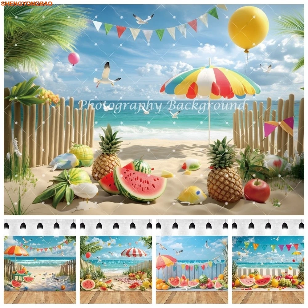 

Summer Seaside Scenery Backdrop Tropical Fruits Sea Beach Party Photography Background Banner Photo Studio Photobooth Props