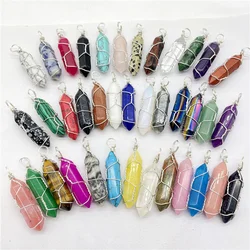 Natural Gem Stone Quartz Crystal Tiger Eye lapis Winding Hexagonal Pendant Reiki Pendulum DIY Jewelry Making Necklaces 24Pcs