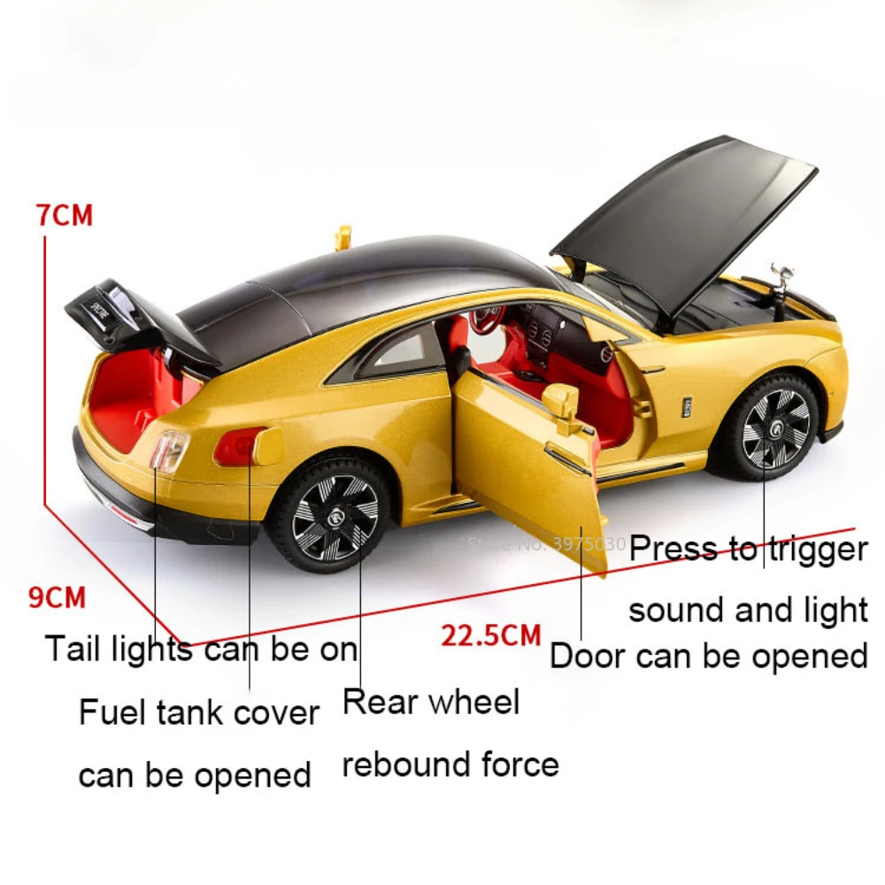 Modelo de coche de aleación fundido a presión para niños, de simulación de juguete limusine, luz de sonido, juguetes decorativos avanzados, Rolls Royce Spectre, 1/24