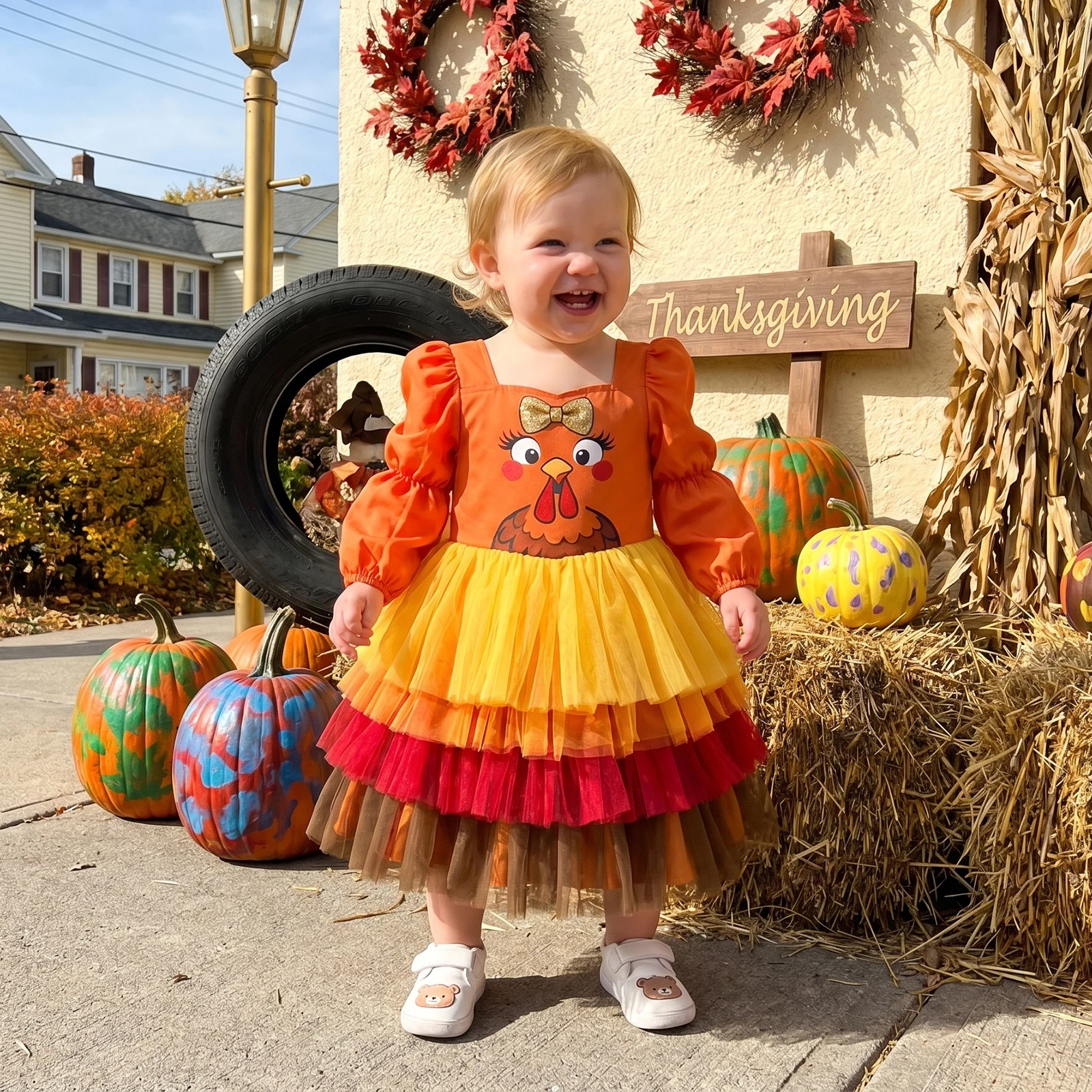 1-5Y Toddler Girl Thanksgiving Day Dress Long Puff Sleeve Turkey Print Tulle Dress Fall Holiday Costume
