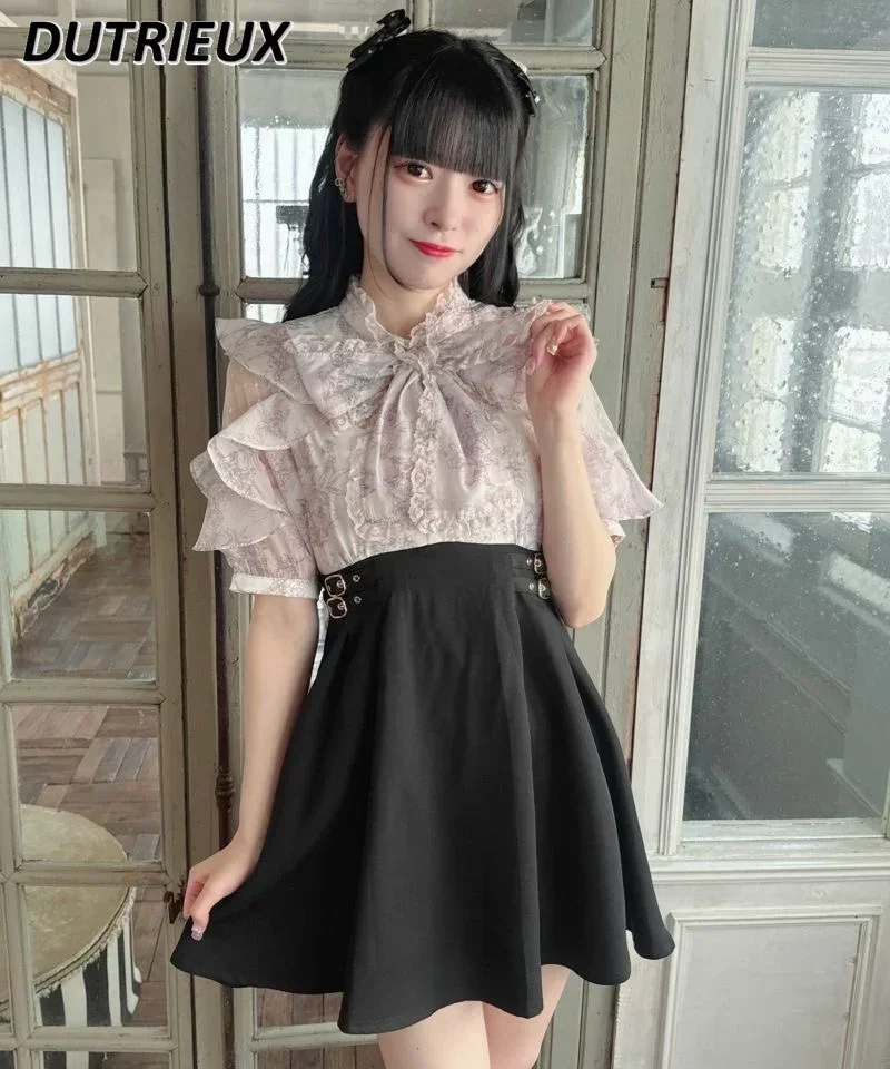 

Japanese Lolita Printing Stitching Commuter Retro Short Sleeve Dress Summer New Lace-up Elegant Bow Female Waist-Tight Dresses