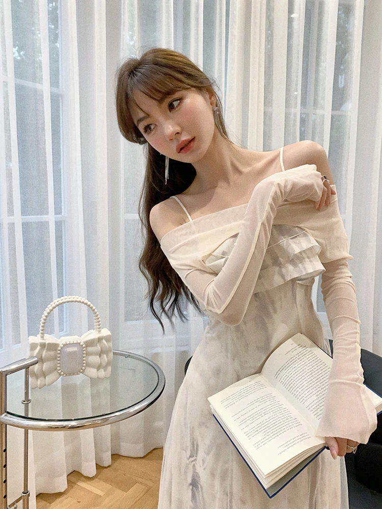 Spring and Summer 2023 New French Two-piece Suit Dress Female Sweet Strap Ruffled Gauze Mid-length Dress + Long Sleeve Blouse