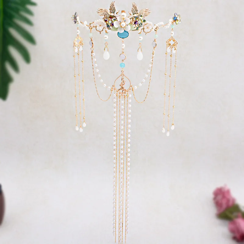 Tassel Hairband Tiaras Chinese Wedding Hair Accessories Golden Vintage Pearl Step Shake Hairpin Ancient Bride Crown Hair Jewelry