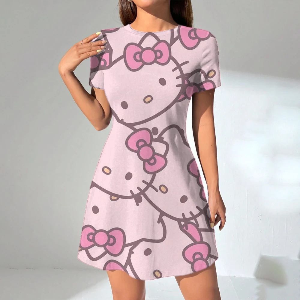 여성 긴 티셔츠 드레스 여름 패션 소녀 헬로 키티 프린트 오버 사이즈 캐주얼 라운드 넥 반팔 미니 티셔츠 드레스 ﻿