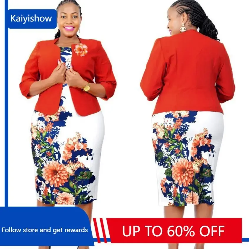 

Комплект одежды в африканском стиле из двух предметов с цветочным принтом, женское осеннее офисное облегающее мини-платье без рукавов с круглым вырезом и пальто, комплект одежды 2023