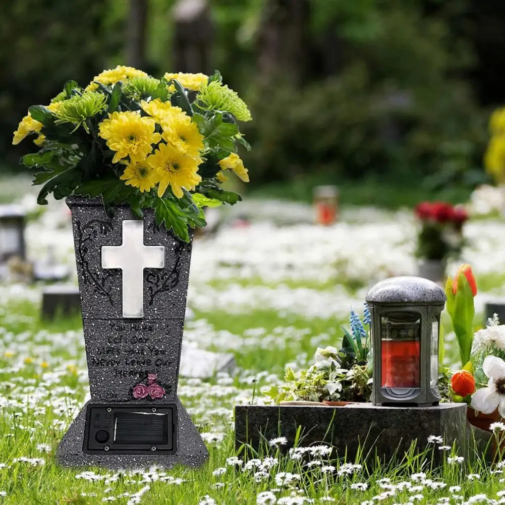 Gravestone Vase Cemetery Flower Vase Solar Cemetery Vase with Led Light Outdoor Gravestone Flower Holder with Spike for Loved
