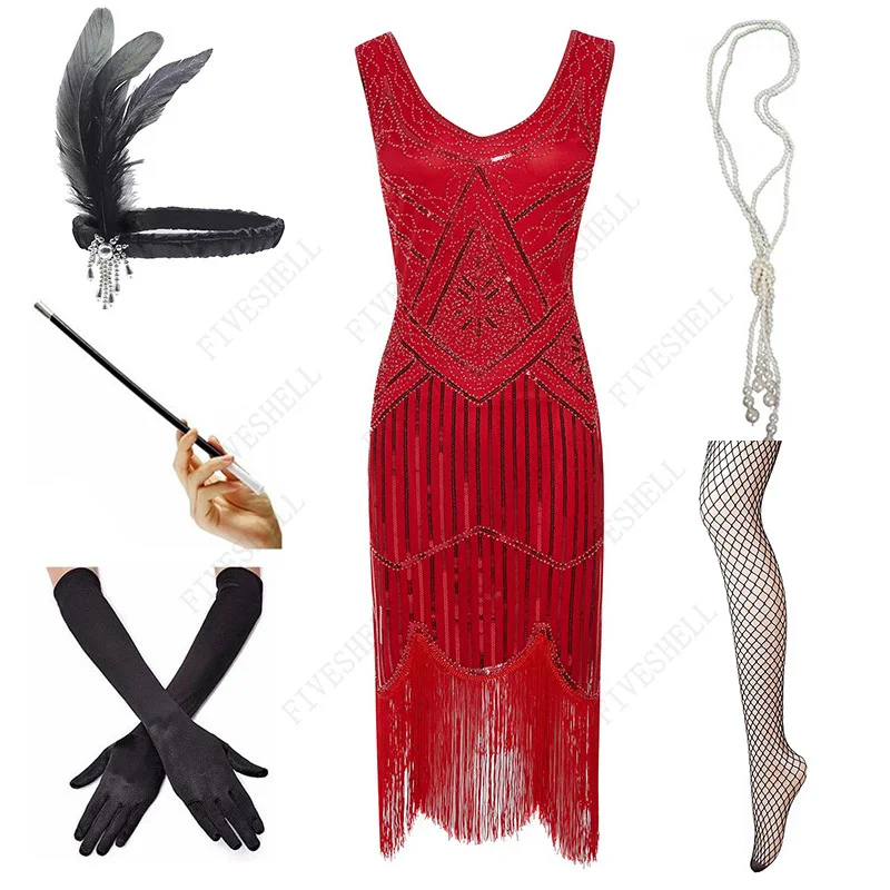 Plus Size 4XL Women's 1920s V Neck Sequins Beaded Fringed Gatsby Theme Flapper Dress with Accessories Set