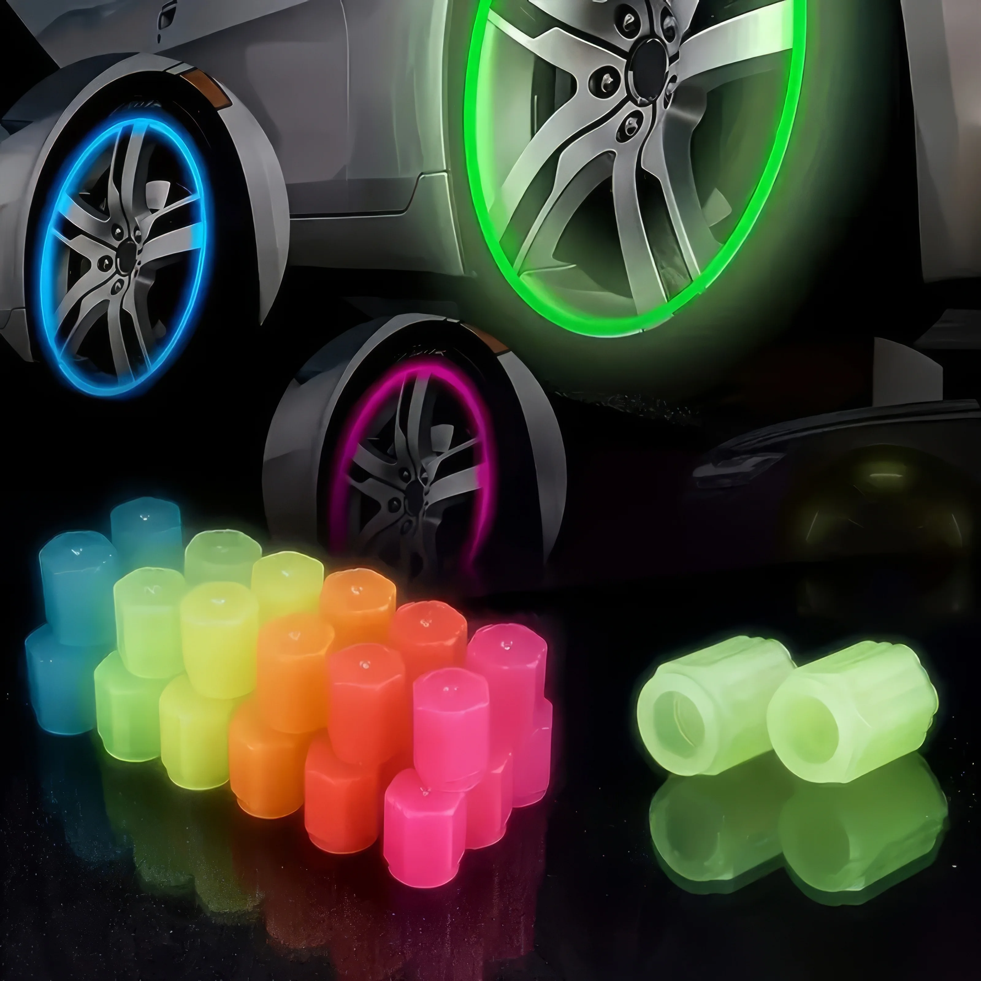

Super Bright Reflective Automotive Safety Glow in the Dark Tire For Valve Caps 4 Pack Durable Green Blue Red for Night Driving