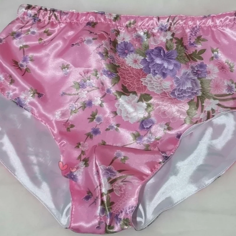 Man Floral Soft Silky Touch Briefs Handmade Double-sided Silk Satin Panties Sissy Cross dressing Club Party Sexy Costumes BF