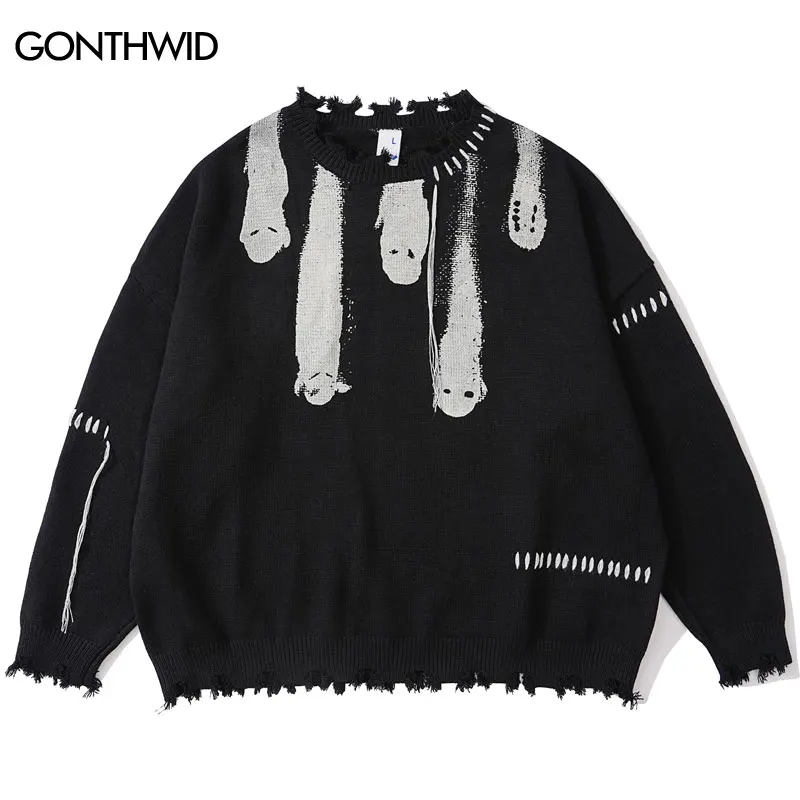 GONTHWID 2023 Hip Hop Knitted Sweater Streetwear Ghost Graphic Distressed Ripped Pullover Men Harajuku Casual Short Sweater Punk