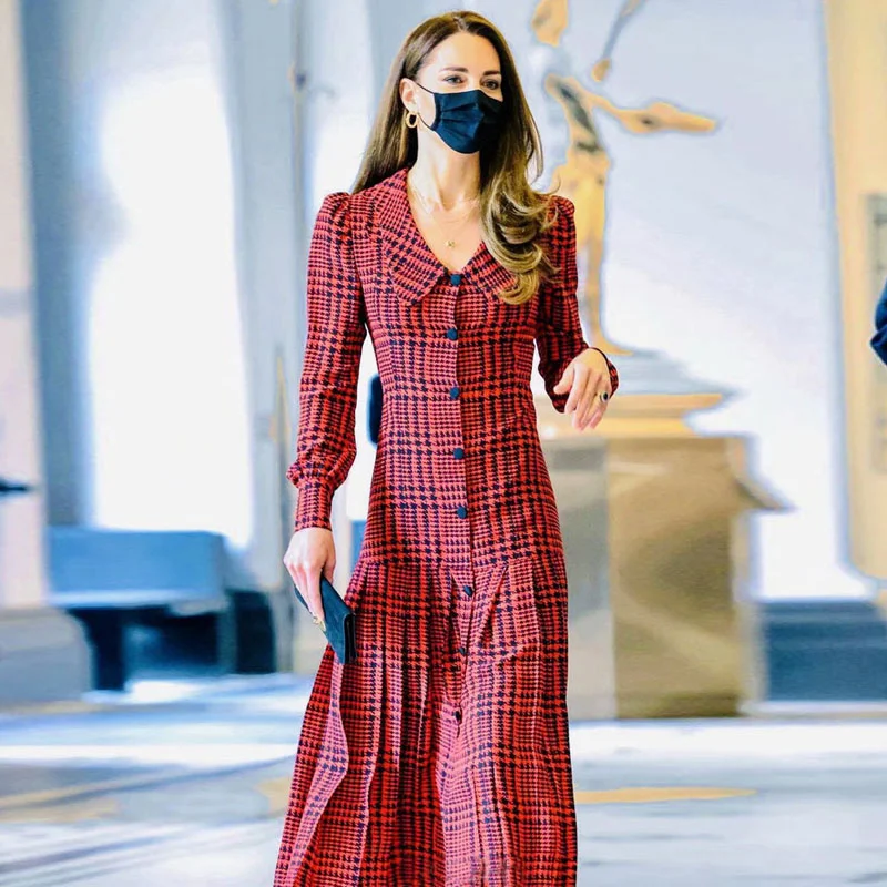 Princess Kate Middleton Red Dresses Female Vintage Plaid Print Long Sleeve Korean Checkered Shirt Dress Ladies Casual Clothes