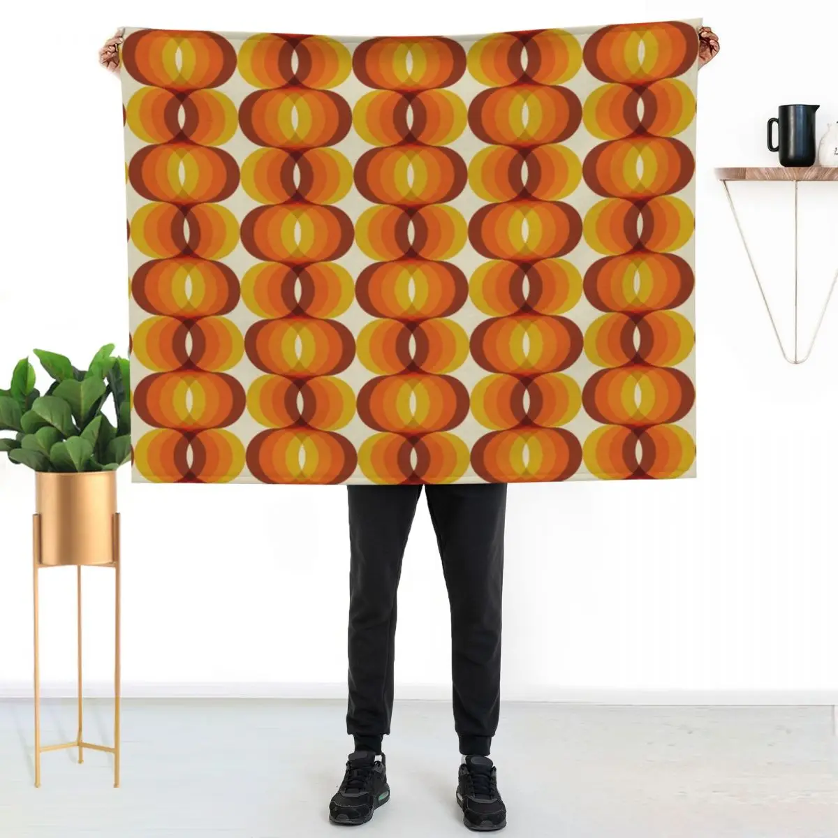 

Orange, Brown, and Ivory Retro 1960s Wavy Pattern Throw Blanket Wrinkle Resistant Lightweight Blanket