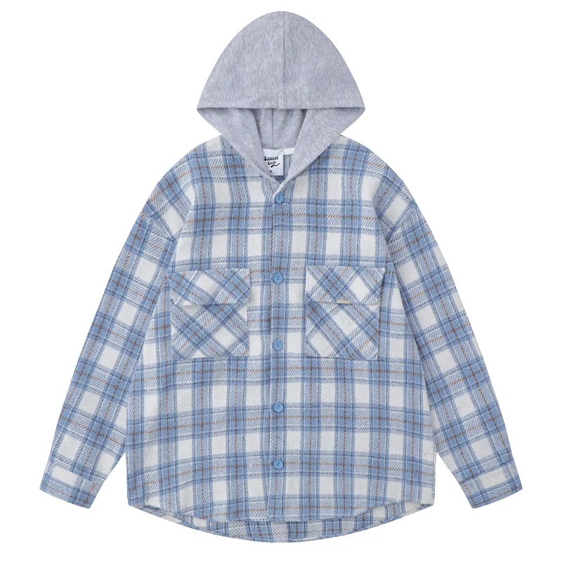 Spring Fragrant Breeze Brushed Plaid Long Sleeved Shirt Men's Plaid Hooded Shirts Casual  Flannel Hoodie Shirts Jackets