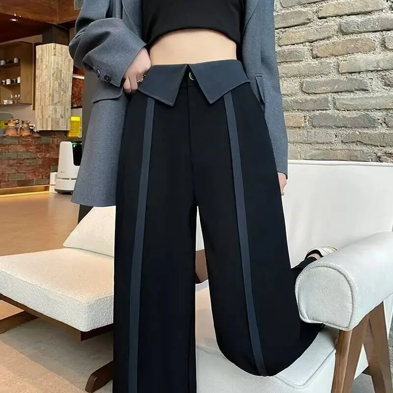 بدلة راقية للنساء في ربيع الخريف نمط جديد من السراويل الصغيرة عالية النحيفة وفضفاضة وثنيات واسعة الساق #1