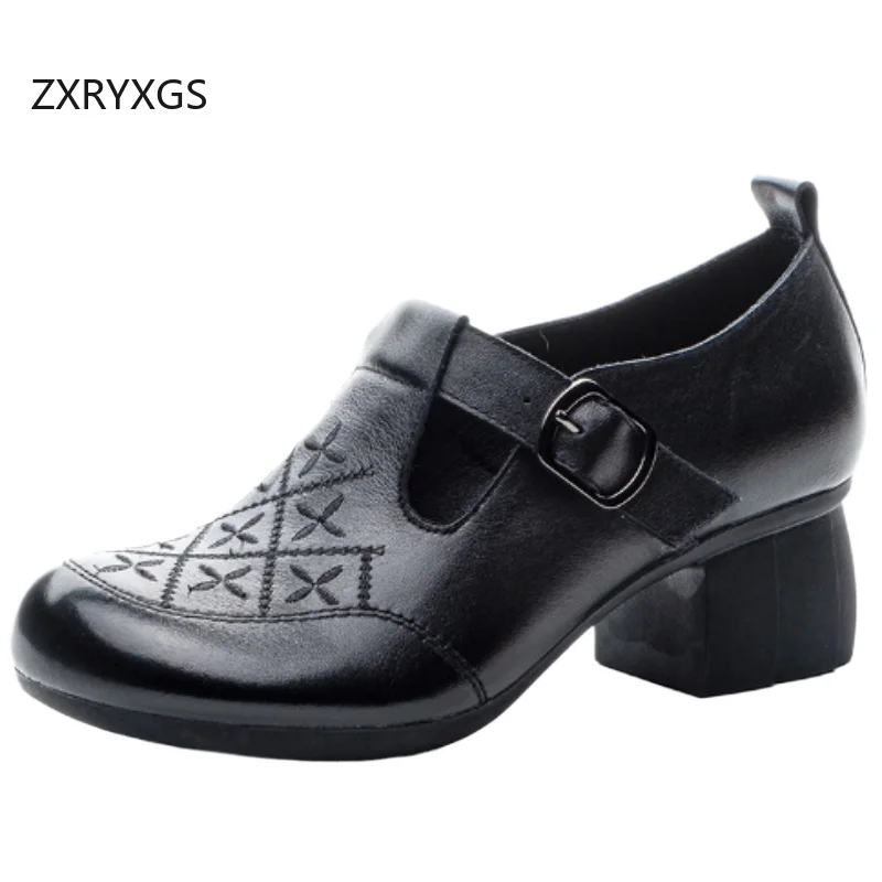 ZXRYXGS 2025 New Autumn Top Cowhide Embroidered Retro Deep Mouth Shoes Women Genuine Leather Shoes Thick Mid Heels Trendy Shoes