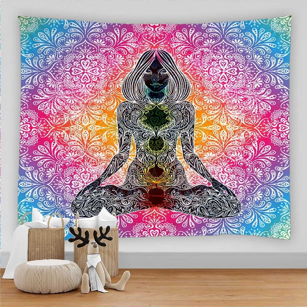 Buddha Statue Meditation 7 Chakra Yoga Tapestry Wall Hanging Mandala Tapestries Wall Cloth Psychedelic Carpet Boho Decor Indian