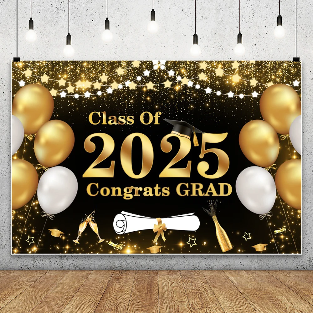 Graduation Party 2025 Gold Black Photography Background Bachelor Cap Prom Decorative Banner Photo Backdrop Photo Studio Props