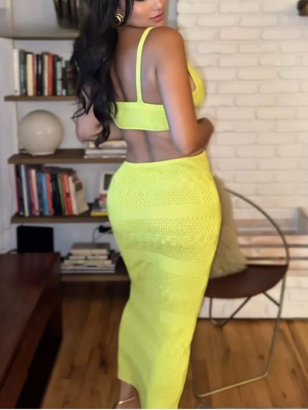 Vestido camisola de punto Sexy para mujer, vestido largo ajustado con escote en V profundo y calado, moda de verano 2025, vestido de playa elegante para vacaciones