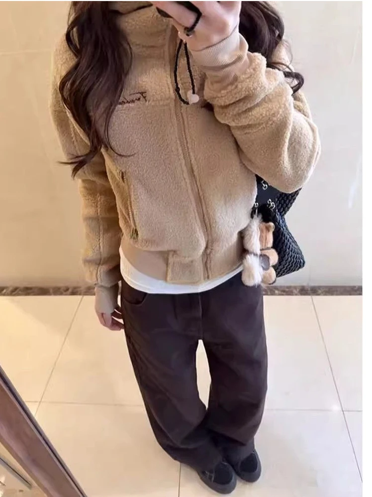 

Ретро-куртка из овечьей шерсти в американском стиле для женщин, весна 2026, свободный крой, утепленная, с капюшоном, повседневная модная верхняя одежда