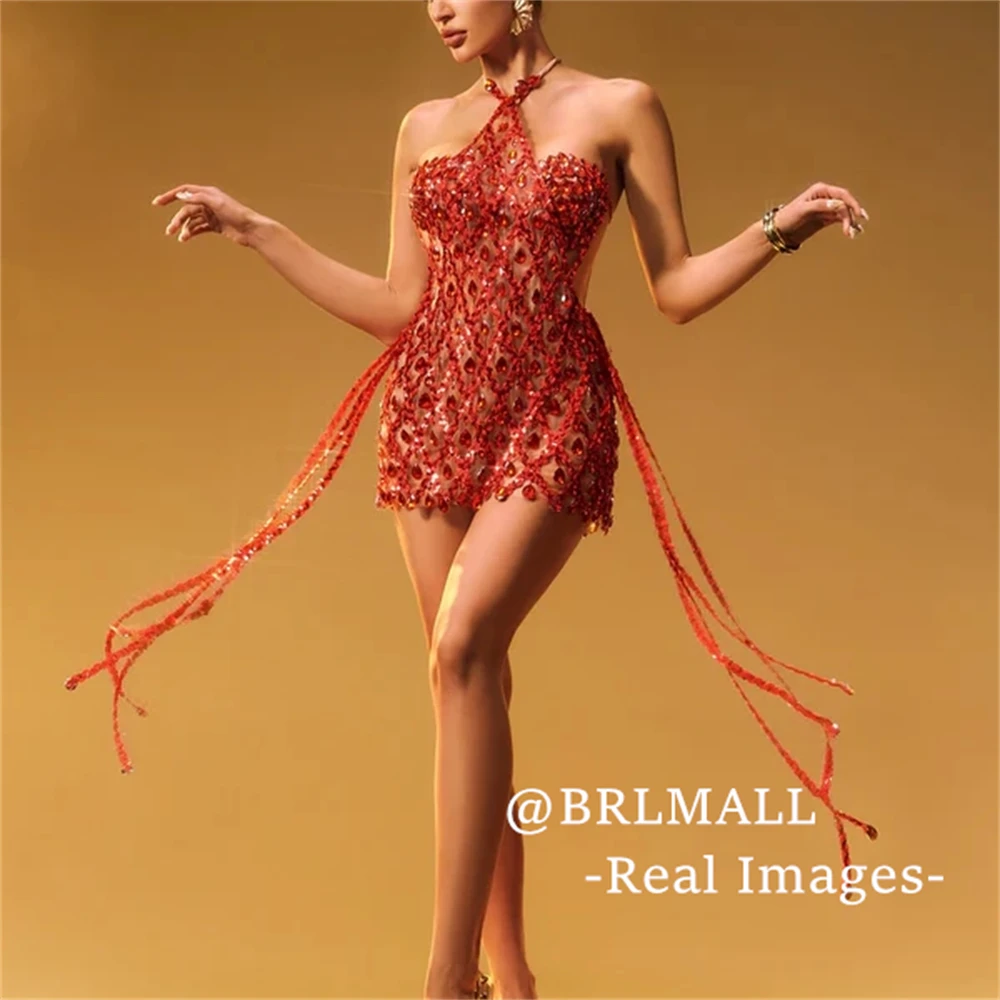 Sexy durchsichtiges kurzes Ballkleid für Frauen BRLMALL 2025, neue formelle Abendkleider, Neckholder, Kristalle, Partykleider, echte Fotos