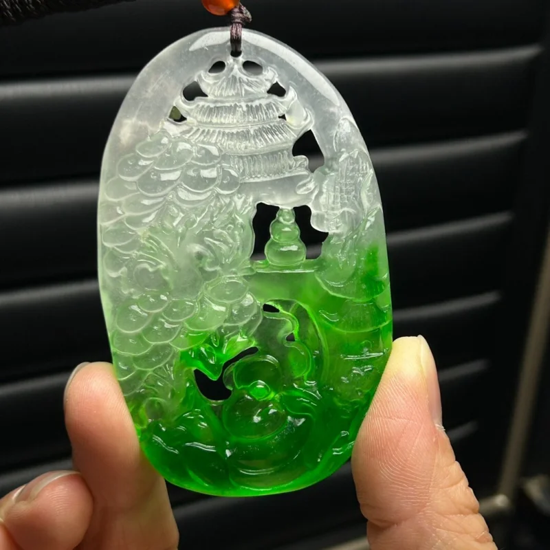 Certified Natural Ice Jade Jadeite Hollow out amulet Pendant&NecklacesDouble-Sided Hollow Landscape