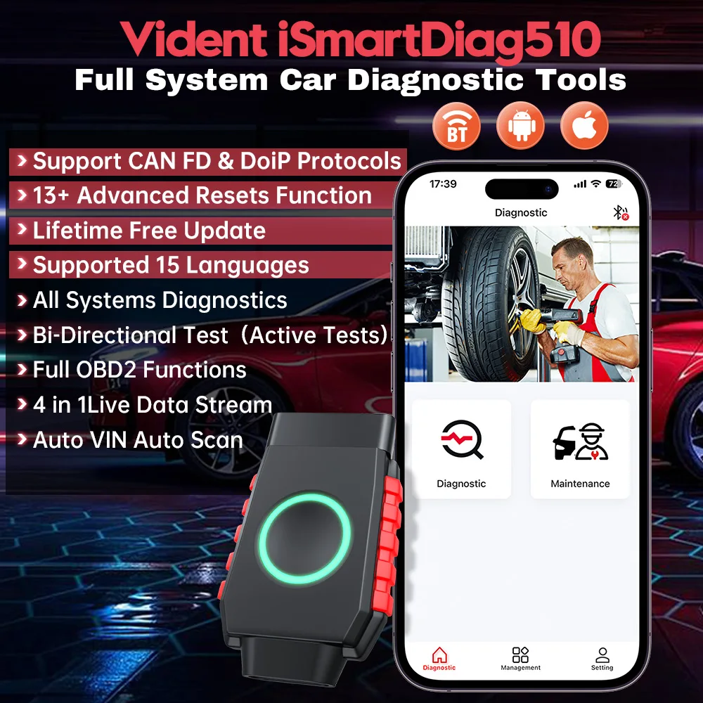 Vident iSmartDiag510 OBD2 Bluetooth Scanner All System Car Diagnostics Tool Active Test 13 Reset with CANFD DOIP Free Update