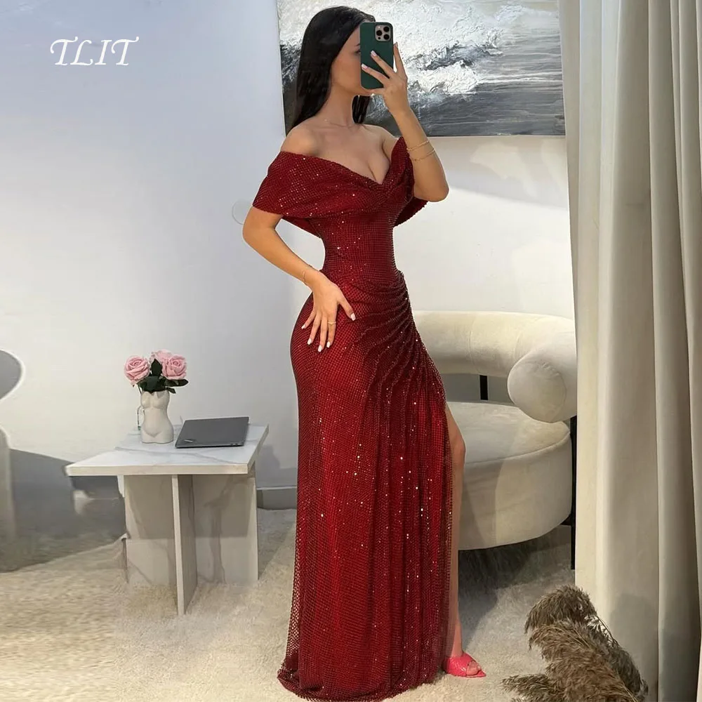 

TLIT Luxury A-Line Evening Dresses New Wine Red Off Shoulder 2026 Formal Party Dress Appliques Crystals Prom Dress Customized
