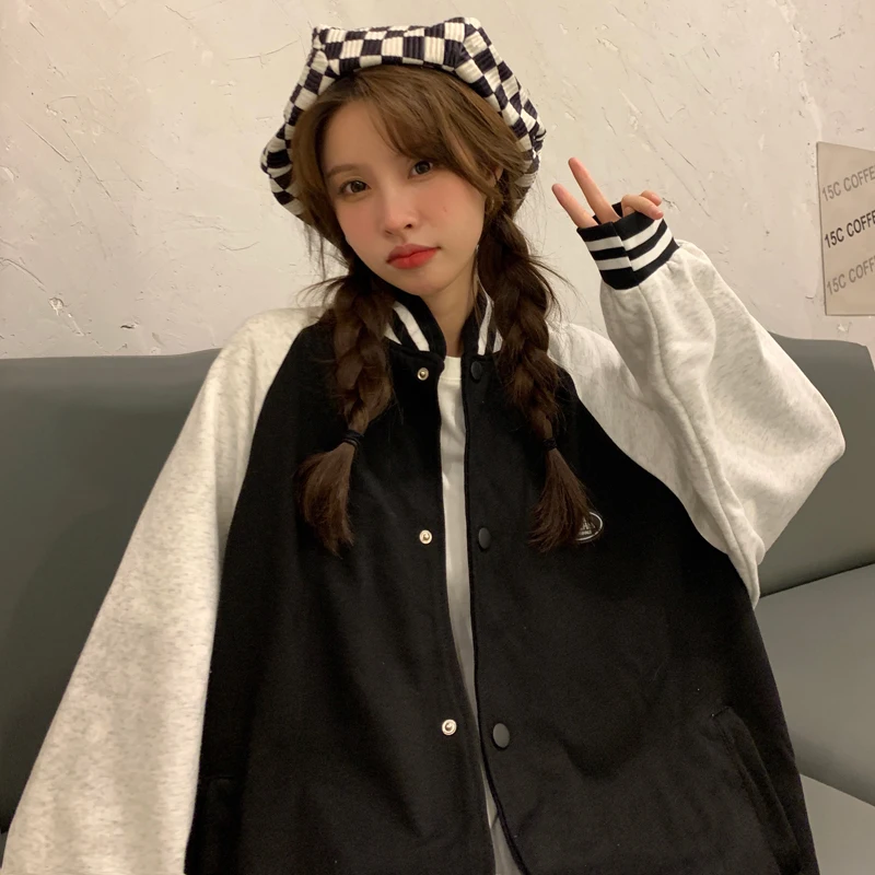

Women Baseball Basic Jackets Patchwork Vintage Loose Single Breasted Harajuku Hipsters Streetwear Korean Young Style All-match