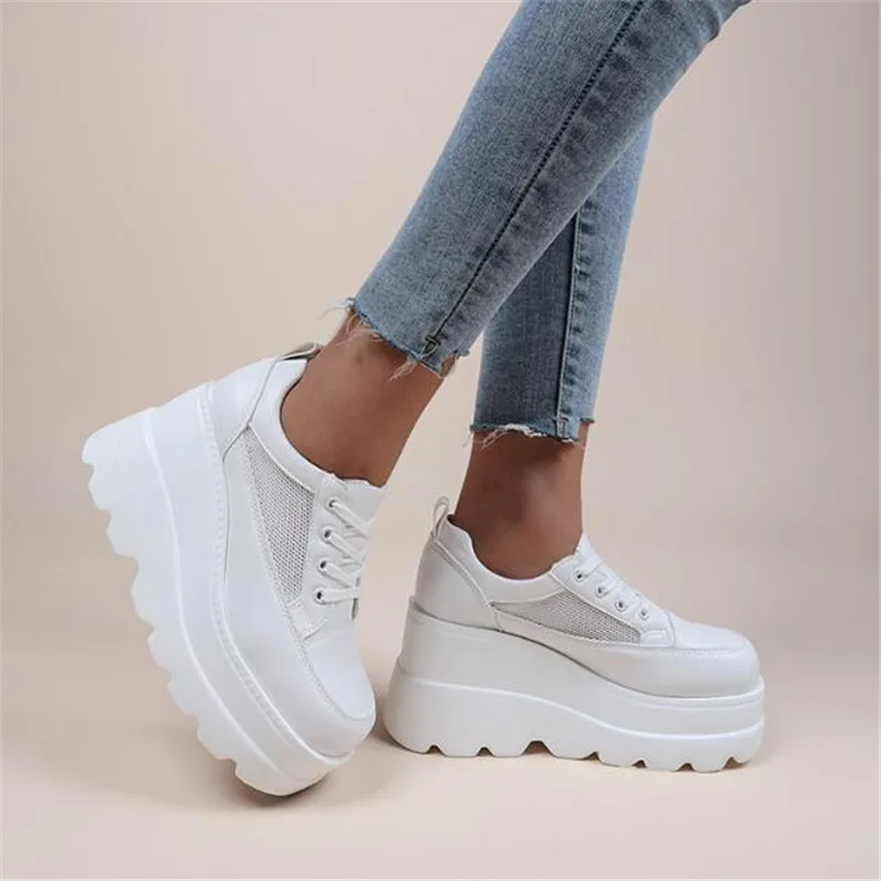 White Shoes Women Lace Up Genuine Leather Wedges High Heel Pumps Shoes Female Breathable Chunky Platform Fashion Sneakers