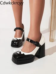 spring and autumn fashion Round head Ultrahigh heel Women's Shoes Color matching Shallow Buckle Strap Square heel womens shoes